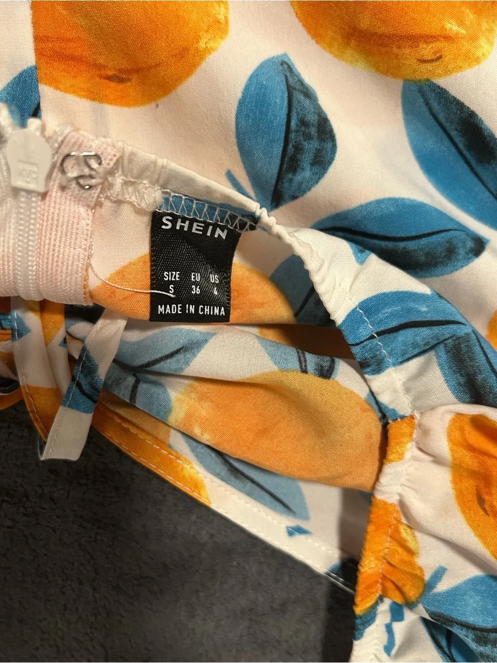 White Dress with Orange Fruit Print and Blue Leaves